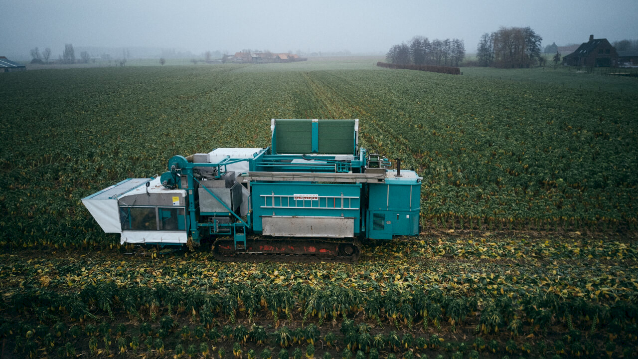 Deman Sprout Harvester on a field - sideview with mill and farms in background